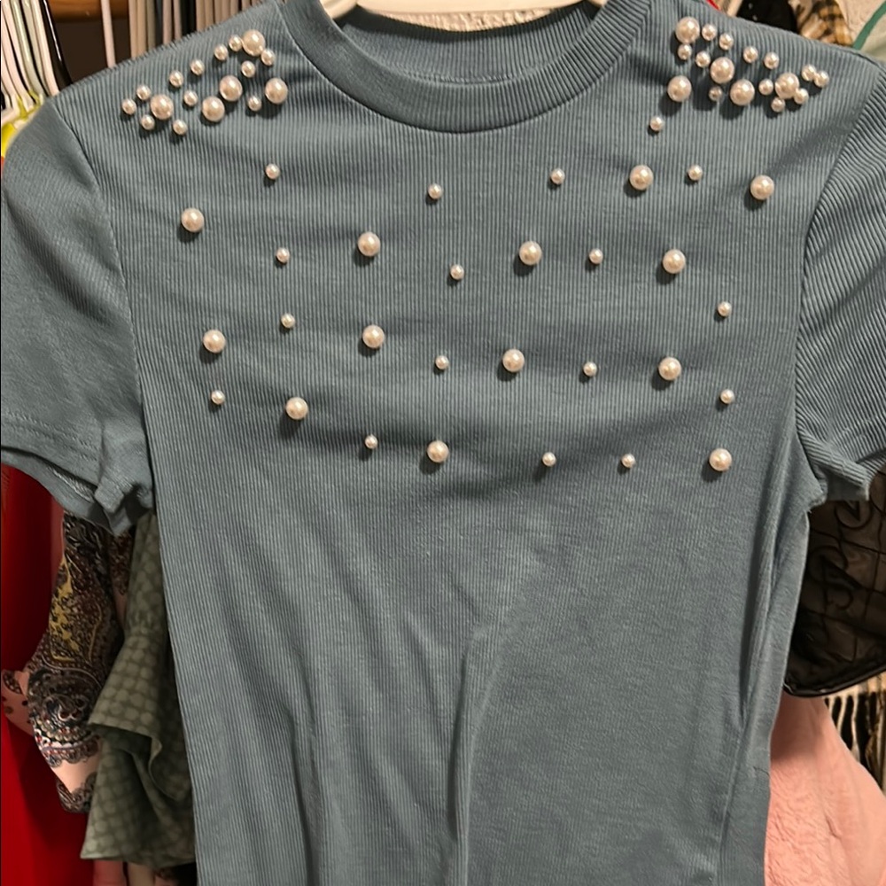 SHEIN Gray-Green T-Shirt with Silver Embellishments and Short Sleeves